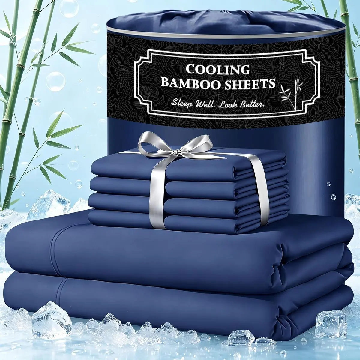 Extra Deep Pocket Bamboo Sheets - 6 Pcs Breathable &Cooling for Hot Sleepers , Hotel Luxury Fitted Soft Wrinkle-Free For Extra Deep Mattresses, Room Decor, Twin/Full/Queen/King Size Pillowcase Sets