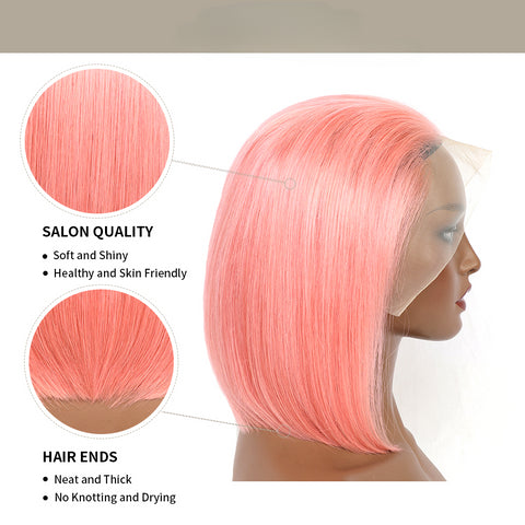 13×4 Full Lace Frontal Bob Wig Free Part Natural Remy Human Hair (#Rose Pink)