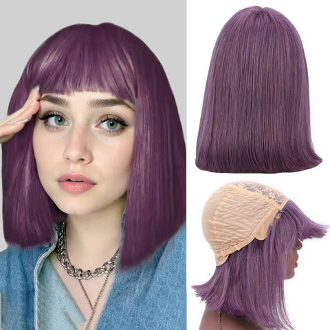 Bob Wigs With Bangs For Women Natural Remy Human Hair (#Smoke Purple)