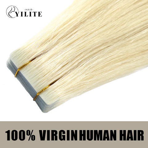 Seamless Injected Hand-Tied Invisible Tape In Hair Extension 20Pcs Virgin Human Hair (#60 Platinum Blonde)