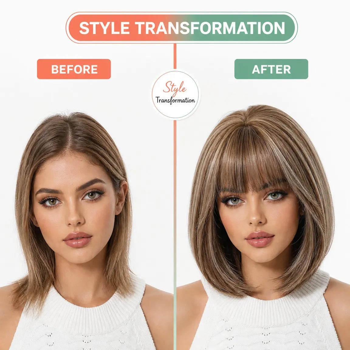 Natural Ombre Brown Highlight Bob Wig Air Bangs Short Straight Synthetic Full Head Wig