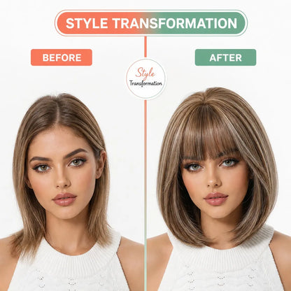 Natural Ombre Brown Highlight Bob Wig Air Bangs Short Straight Synthetic Full Head Wig