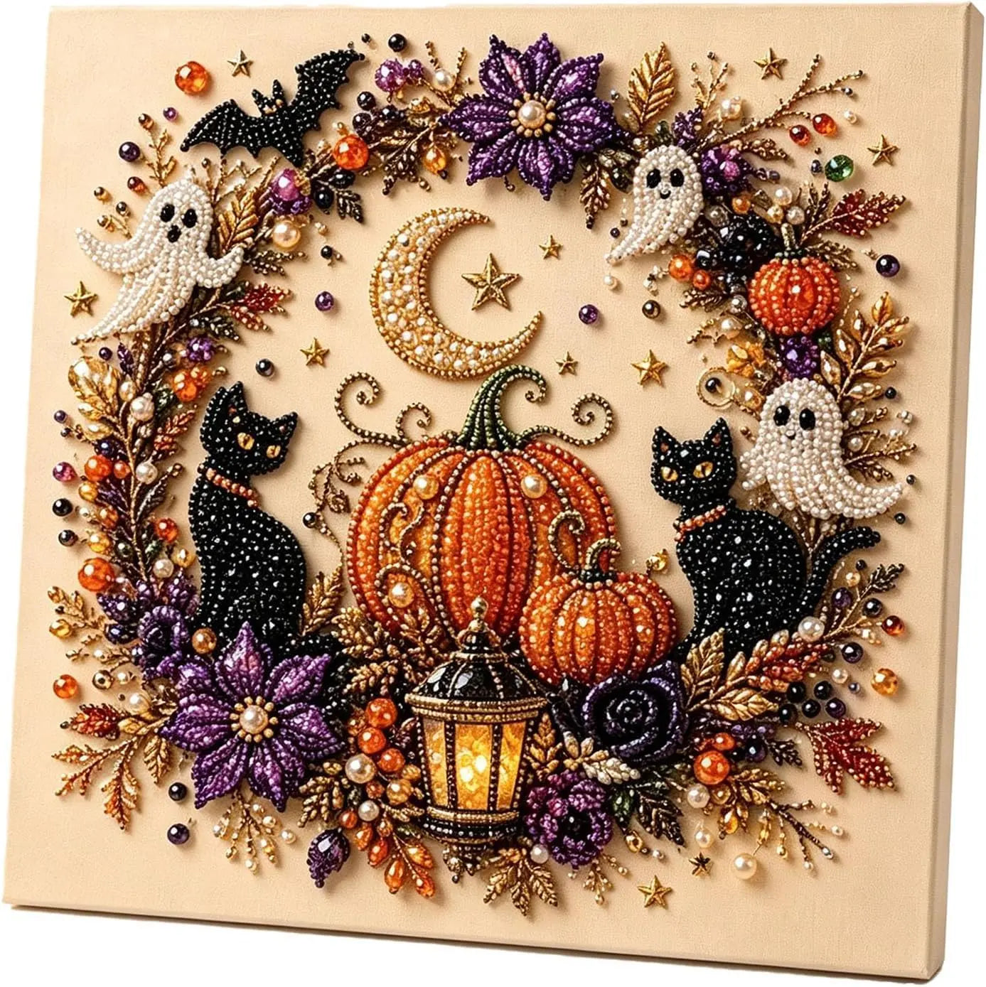 Halloween Ghost Pearl Art DIY Kit, Pearl Painting Kits for Adults, Pearls Diamond Art, Spooky-Cute Design, Fall Home Decor, Wall Art, Adults Craft Kit, 3D DIY Pearl Painting (Witch Moon Magic)Halloween gifts,No photo frame