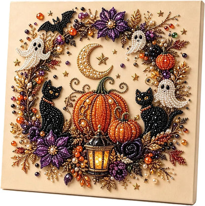 Halloween Ghost Pearl Art DIY Kit, Pearl Painting Kits for Adults, Pearls Diamond Art, Spooky-Cute Design, Fall Home Decor, Wall Art, Adults Craft Kit, 3D DIY Pearl Painting (Witch Moon Magic)Halloween gifts,No photo frame