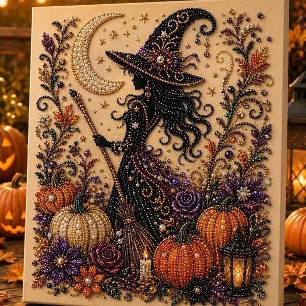 Halloween Ghost Pearl Art DIY Kit, Pearl Painting Kits for Adults, Pearls Diamond Art, Spooky-Cute Design, Fall Home Decor, Wall Art, Adults Craft Kit, 3D DIY Pearl Painting (Witch Moon Magic)Halloween gifts,No photo frame