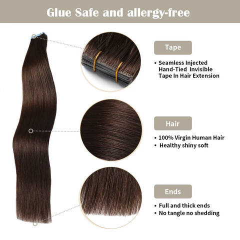 Seamless Injected Hand-Tied Invisible Tape In Hair Extension 20Pcs Virgin Human Hair (#2 Darkest Brown)