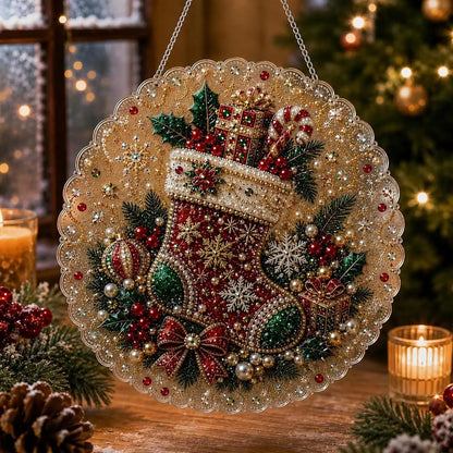 Christmas Pearl Diamond Painting Suncatcher Craft Kit, DIY Crafting Set (8in) - Pre-Assembled Metal Chain, Acrylic Round Board with Lace Edge, 3D Mixed-Sized Pearl Beads, Festive Window Wall Decor,DIY Handmade Holiday Hanging Decor,Christmas gift