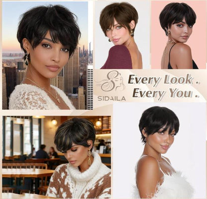 Short Pixie Cut Wig Brazilian Virgin Human Hair Black And Highlight Colorful Wig With Bangs Full Machine Ready To Go Glueless Wig dealsforyourdays