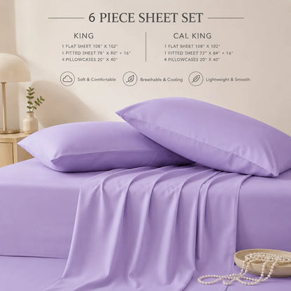 Extra Deep Pocket Bamboo Sheets - 6 Pcs Breathable &Cooling for Hot Sleepers , Hotel Luxury Fitted Soft Wrinkle-Free For Extra Deep Mattresses, Room Decor, Twin/Full/Queen/King Size Pillowcase Sets