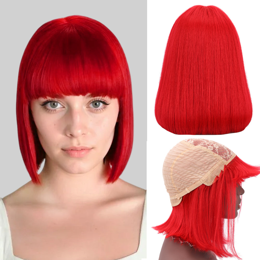 Bob Wigs With Bangs For Women Natural Remy Human Hair (#Red)