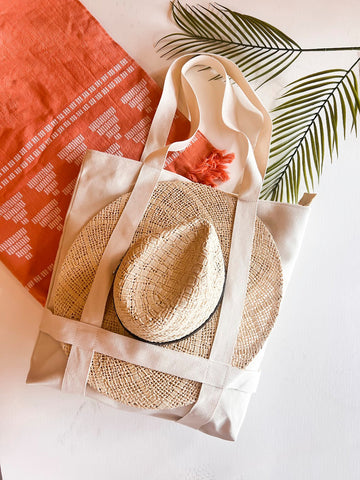 Hat Carrying Tote Bag | Large Neutral Beach Towel Travel Tote | Built in Straps for Carrying Hat