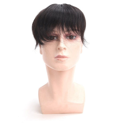 High-end men’s hand-tied, bleached, clip-on, natural-looking, invisible real-hair hairpiece; lace front, Swiss mesh, bleached, clip-on, hand-woven hairpiece for the forehead