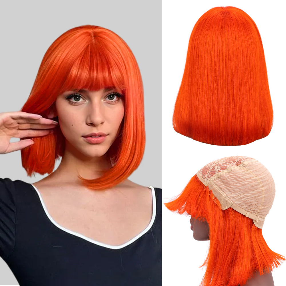 Bob Wigs With Bangs For Women Natural Remy Human Hair (#Orange)