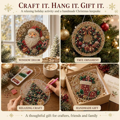 Christmas Pearl Diamond Painting Suncatcher Craft Kit, DIY Crafting Set (8in) - Pre-Assembled Metal Chain, Acrylic Round Board with Lace Edge, 3D Mixed-Sized Pearl Beads, Festive Window Wall Decor,DIY Handmade Holiday Hanging Decor,Christmas gift