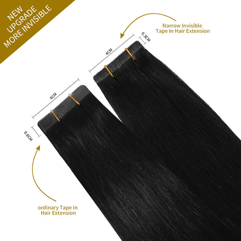 Narrow Invisible Tape In Hair Extension Remy Human Hair 24Pcs (#1 Jet Black)