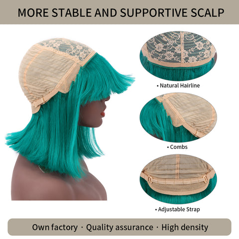 Bob Wigs With Bangs For Women Natural Remy Human Hair (#Green)