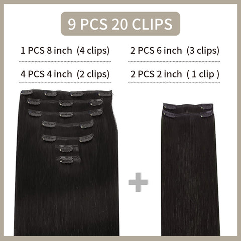 Clip In Hair Extensions Human Hair 9Pcs 20 Clips Invisible Natural Remy Human Hair (#1B Natural Black)