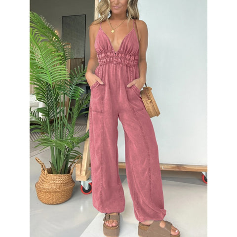 TENCEL DENIM LIGHTWEIGHT V-NECK JUMPSUIT (BUY 2 FREE SHIPPING)