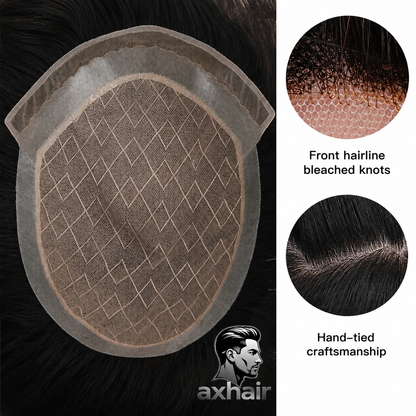 High-end men’s hand-tied, bleached, clip-on, natural-looking, invisible real-hair hairpiece; lace front, Swiss mesh, bleached, clip-on, hand-woven hairpiece for the forehead