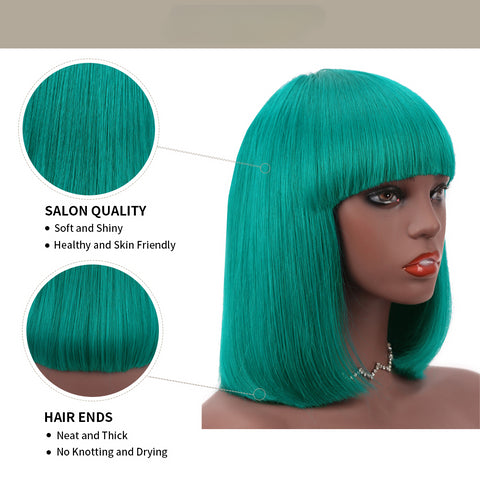 Bob Wigs With Bangs For Women Natural Remy Human Hair (#Green)