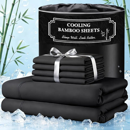 Extra Deep Pocket Bamboo Sheets - 6 Pcs Breathable &Cooling for Hot Sleepers , Hotel Luxury Fitted Soft Wrinkle-Free For Extra Deep Mattresses, Room Decor, Twin/Full/Queen/King Size Pillowcase Sets