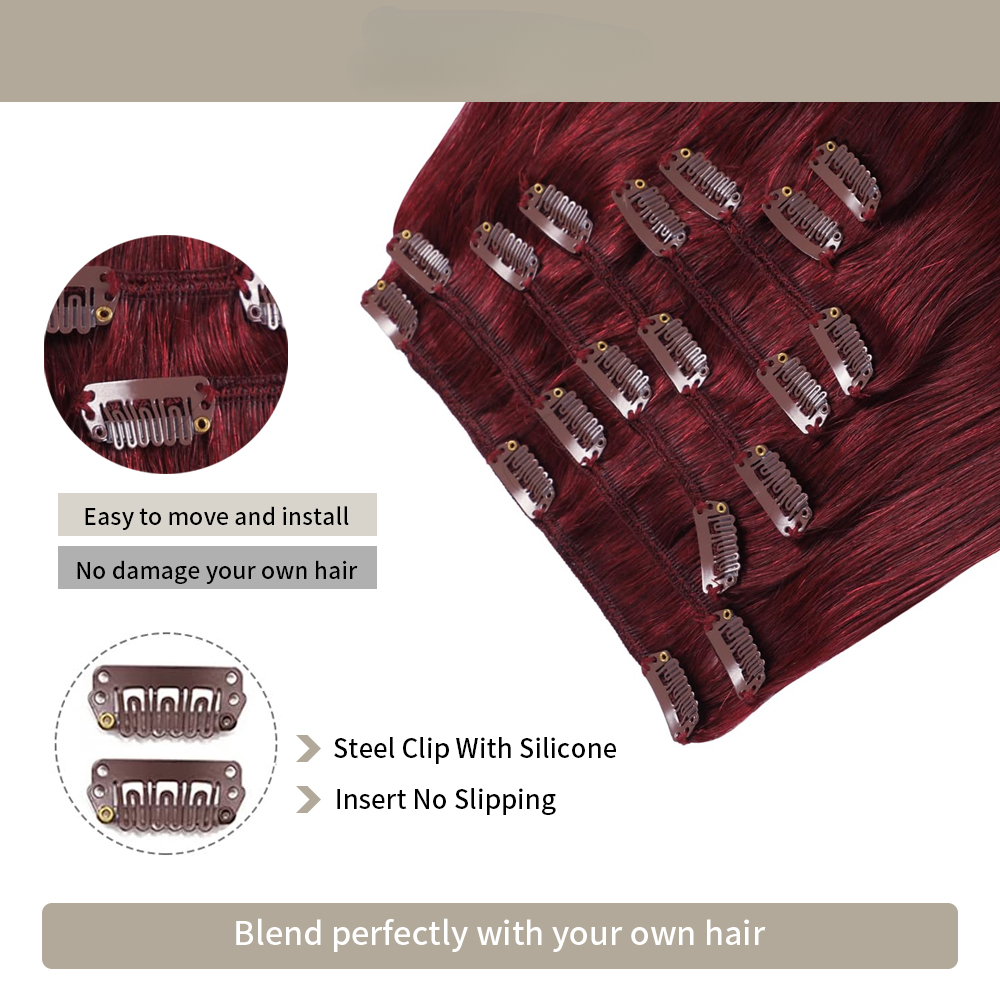 Clip In Hair Extensions Human Hair 8Pcs 18 Clips Invisible Natural Remy Human Hair (#99J Burgundy)
