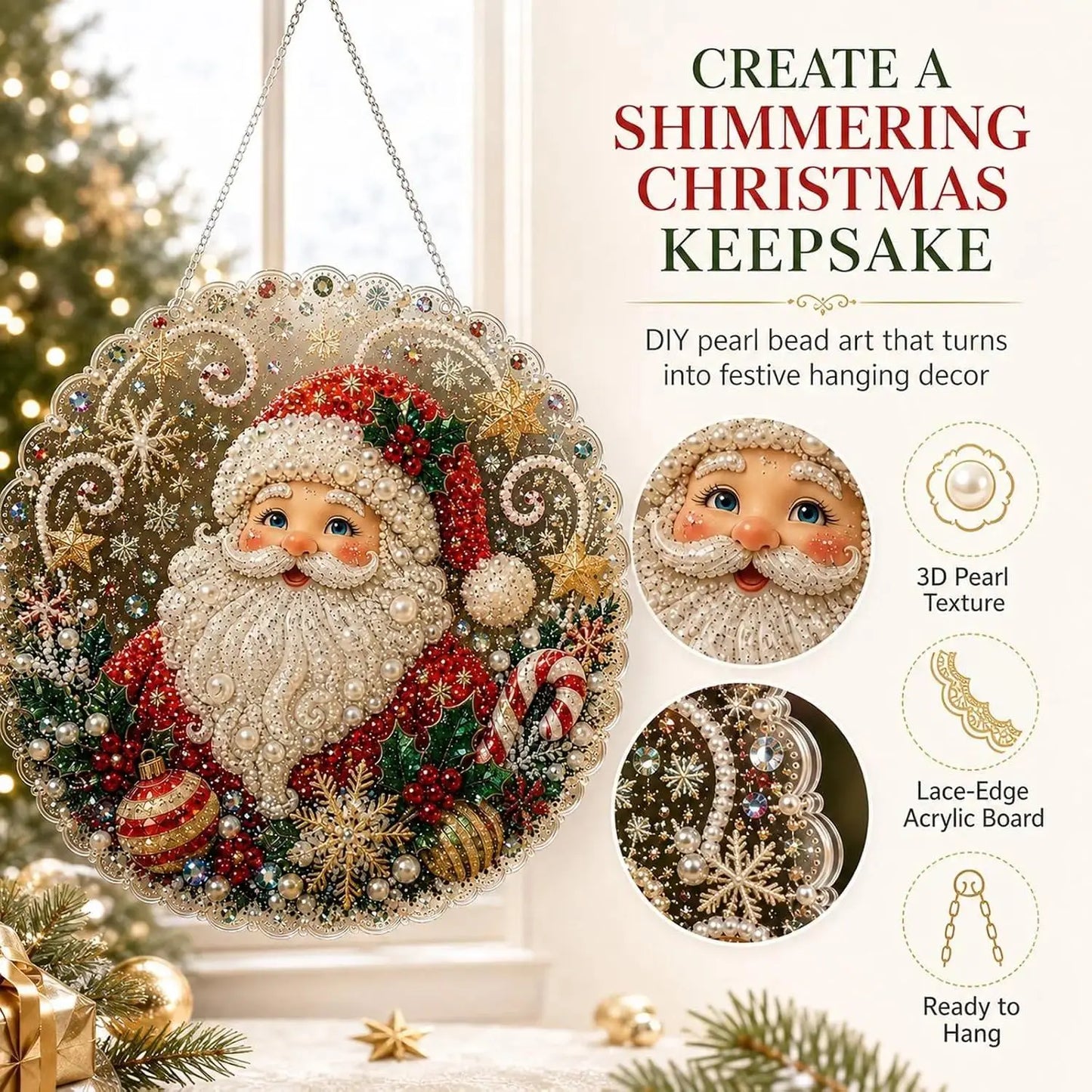 Christmas Pearl Diamond Painting Suncatcher Craft Kit, DIY Crafting Set (8in) - Pre-Assembled Metal Chain, Acrylic Round Board with Lace Edge, 3D Mixed-Sized Pearl Beads, Festive Window Wall Decor,DIY Handmade Holiday Hanging Decor,Christmas gift