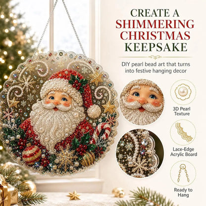 Christmas Pearl Diamond Painting Suncatcher Craft Kit, DIY Crafting Set (8in) - Pre-Assembled Metal Chain, Acrylic Round Board with Lace Edge, 3D Mixed-Sized Pearl Beads, Festive Window Wall Decor,DIY Handmade Holiday Hanging Decor,Christmas gift