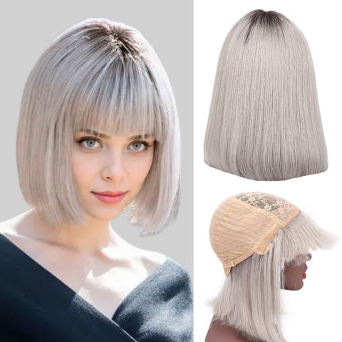 Bob Wigs With Bangs For Women Natural Remy Human Hair (#T1B/Silver)