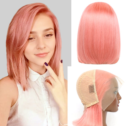 13×4 Full Lace Frontal Bob Wig Free Part Natural Remy Human Hair (#Rose Pink)