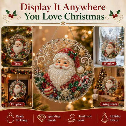 Christmas Pearl Diamond Painting Suncatcher Craft Kit, DIY Crafting Set (8in) - Pre-Assembled Metal Chain, Acrylic Round Board with Lace Edge, 3D Mixed-Sized Pearl Beads, Festive Window Wall Decor,DIY Handmade Holiday Hanging Decor,Christmas gift