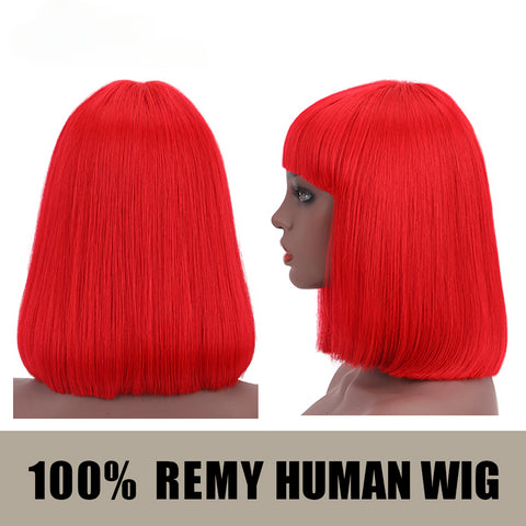 Bob Wigs With Bangs For Women Natural Remy Human Hair (#Red)