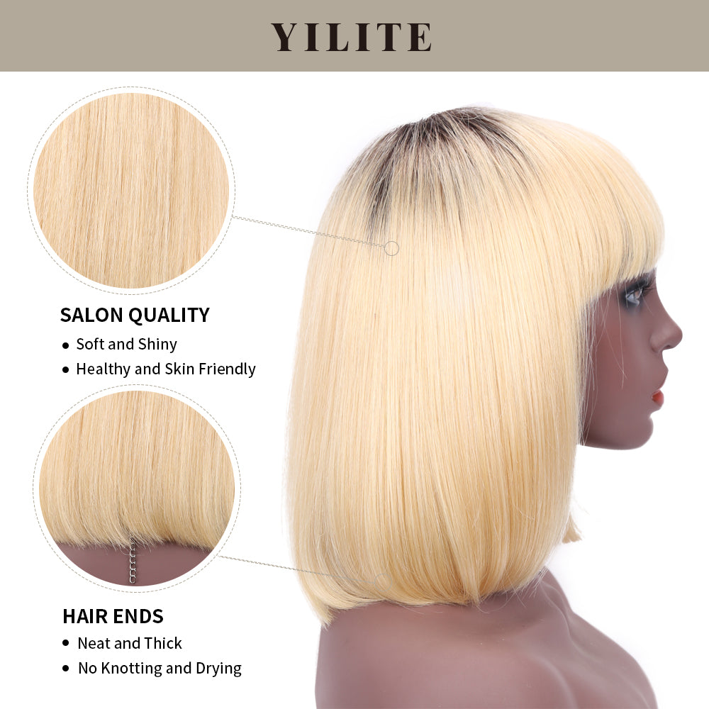 Bob Wigs With Bangs For Women Natural Remy Human Hair (#T1B/613)