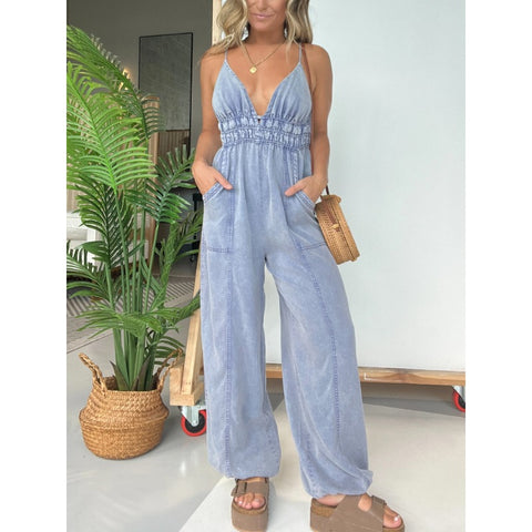 TENCEL DENIM LIGHTWEIGHT V-NECK JUMPSUIT (BUY 2 FREE SHIPPING)