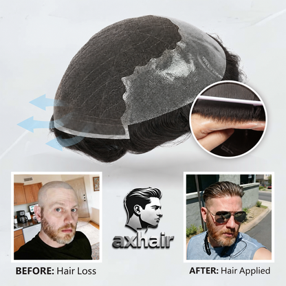 Q6 base Men's Non Surgical Hair Replacement  Swiss Lace With Skin Poly Back and Middle Best for Gym