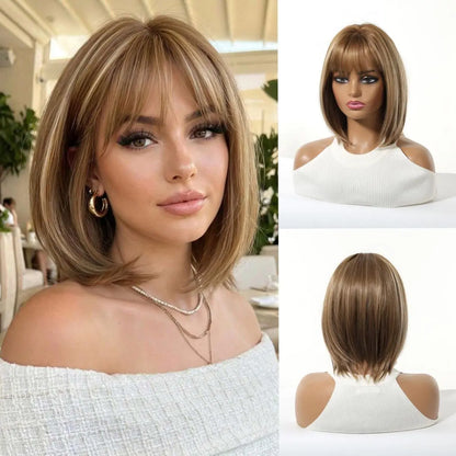 Natural Ombre Brown Highlight Bob Wig Air Bangs Short Straight Synthetic Full Head Wig