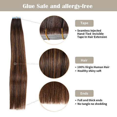 Seamless Injected Hand-Tied Invisible Tape In Hair Extension 20Pcs Virgin Human Hair (P2/6/T2)