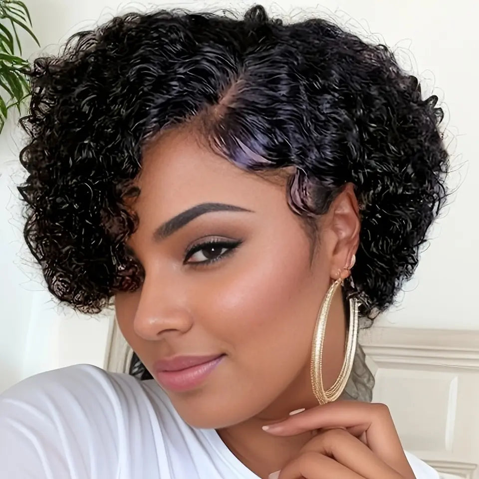 Chic Short Pixie Cut Curly Wave Wig For Women 6INCH 13X4X1 T-Part Lace Front 180% Density Remy Human Hair Natural Black
