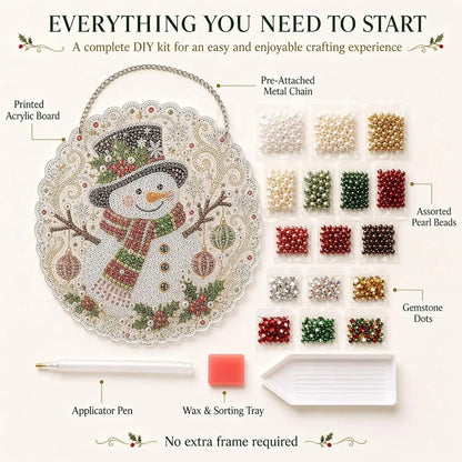 Christmas Pearl Diamond Painting Suncatcher Craft Kit, DIY Crafting Set (8in) - Pre-Assembled Metal Chain, Acrylic Round Board with Lace Edge, 3D Mixed-Sized Pearl Beads, Festive Window Wall Decor,DIY Handmade Holiday Hanging Decor,Christmas gift