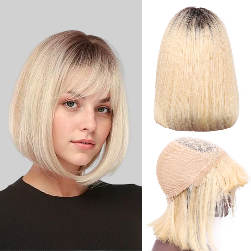 Bob Wigs With Bangs For Women Natural Remy Human Hair (#T1B/613)