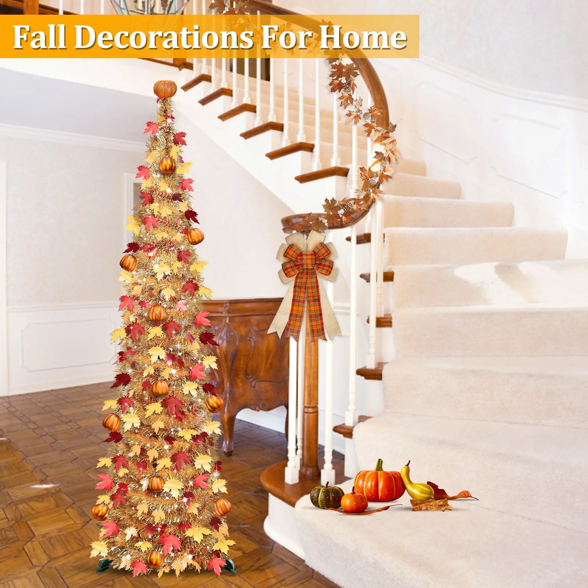 TURNMEON 5 FT Shiny Waterproof Pop-Up Tinsel Maple Leaf Tree, 50 Warm White Lights & Orange Pumpkin Ornaments, Battery-Operated Festive Home Decoration for Harvest Thanksgiving Indoor Use