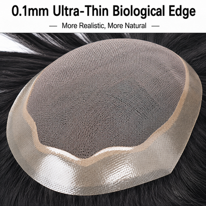 High-end men’s hand-tied, bleached, clip-on, natural-looking, invisible real-hair hairpiece; lace front, Swiss mesh, bleached, clip-on, hand-woven hairpiece for the forehead