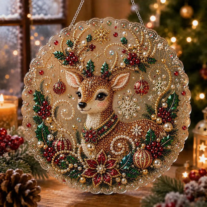 Christmas Pearl Diamond Painting Suncatcher Craft Kit, DIY Crafting Set (8in) - Pre-Assembled Metal Chain, Acrylic Round Board with Lace Edge, 3D Mixed-Sized Pearl Beads, Festive Window Wall Decor,DIY Handmade Holiday Hanging Decor,Christmas gift