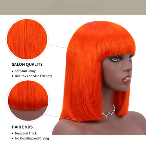 Bob Wigs With Bangs For Women Natural Remy Human Hair (#Orange)