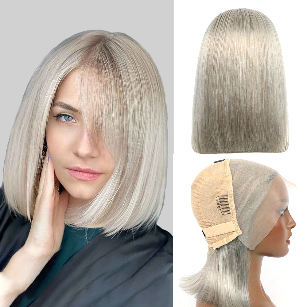 13×4 Full Lace Frontal Bob Wig Free Part Natural Remy Human Hair (#Sliver)