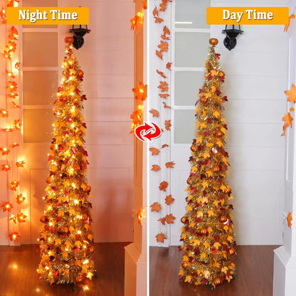 TURNMEON 5 FT Shiny Waterproof Pop-Up Tinsel Maple Leaf Tree, 50 Warm White Lights & Orange Pumpkin Ornaments, Battery-Operated Festive Home Decoration for Harvest Thanksgiving Indoor Use