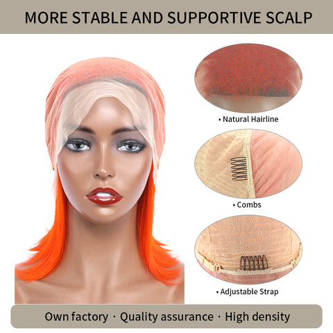 13×4 Full Lace Frontal Bob Wig Free Part Natural Remy Human Hair (#Orange)