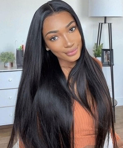 5x5 Invisible Lace Closure Glueless Wigs Long Straight Human Hair Wigs 180% Density