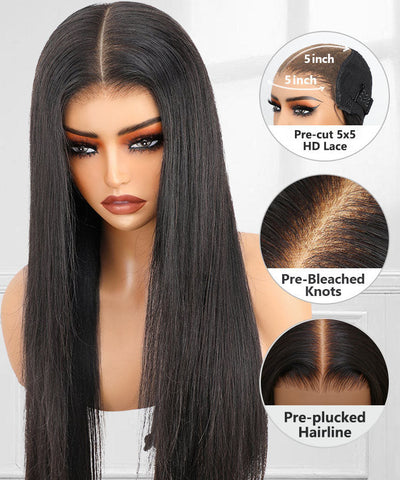 5x5 Invisible Lace Closure Glueless Wigs Long Straight Human Hair Wigs 180% Density